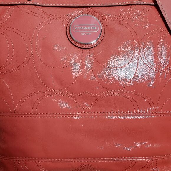 Coach Signature Stitch Patent Leather Tote Shoulder Bag Mango/Coral/Orange NWT - Picture 5 of 12